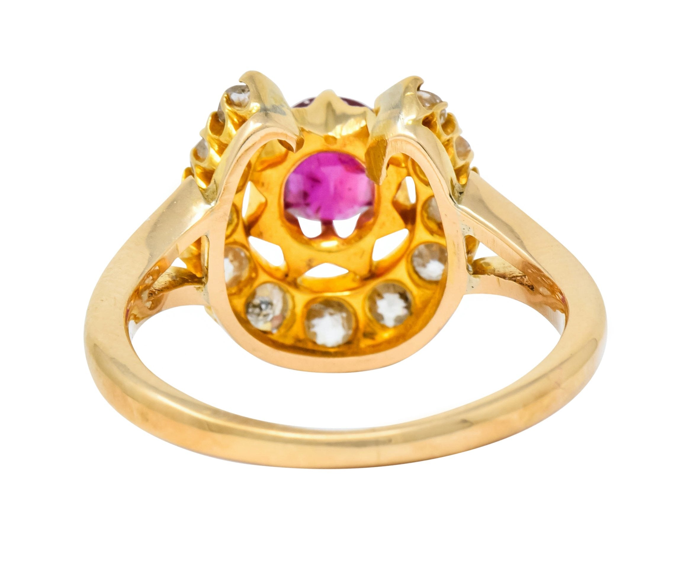 Victorian 2.10 CTW Ruby Diamond 15 Karat Gold Horseshoe Cluster Ring - Wilson's Estate Jewelry