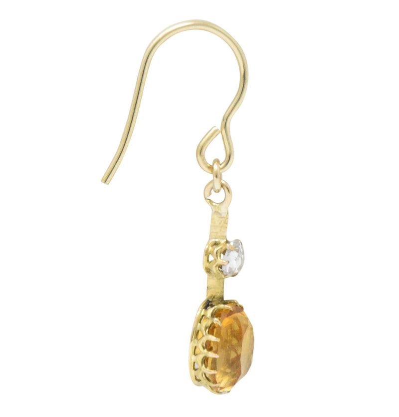 Victorian 2.45 CTW Citrine Diamond 14 Karat Gold Drop Earrings Wilson's Estate Jewelry