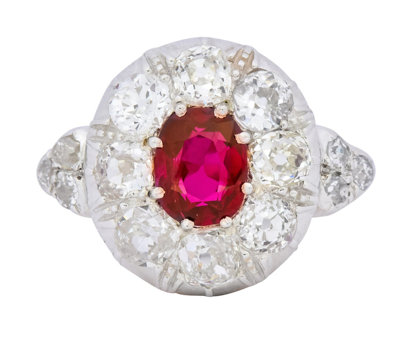 Victorian 2.69 CTW No Heat Ruby Diamond Platinum-Topped 14 Karat Gold Cluster Ring GIA - Wilson's Estate Jewelry