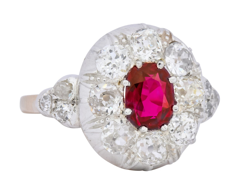 Victorian 2.69 CTW No Heat Ruby Diamond Platinum-Topped 14 Karat Gold Cluster Ring GIA - Wilson's Estate Jewelry