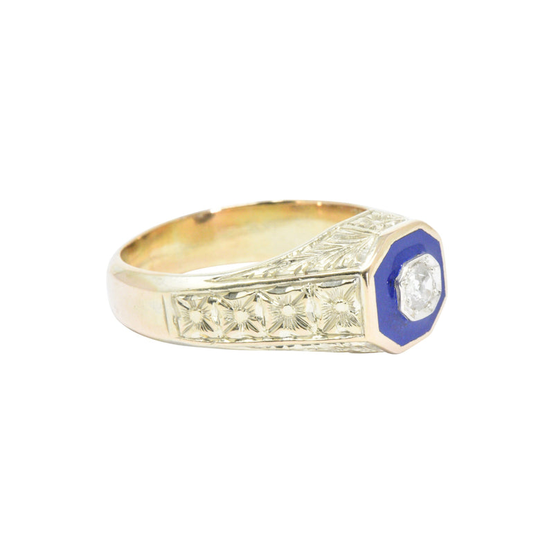 Victorian .25 CTW Diamond 14K Yellow Gold & Enamel Men's Ring Wilson's Estate Jewelry