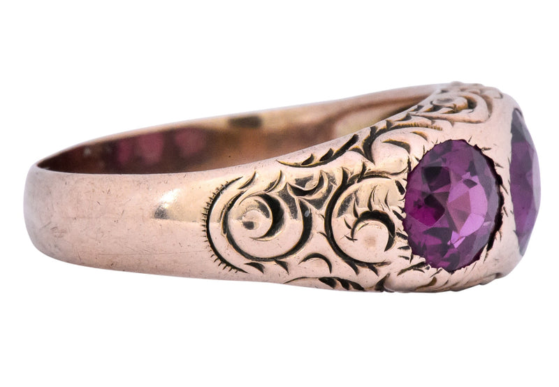 Victorian 3.10 CTW Almandine Garnet 10 Karat Rose Gold Three Stone Band Ring - Wilson's Estate Jewelry