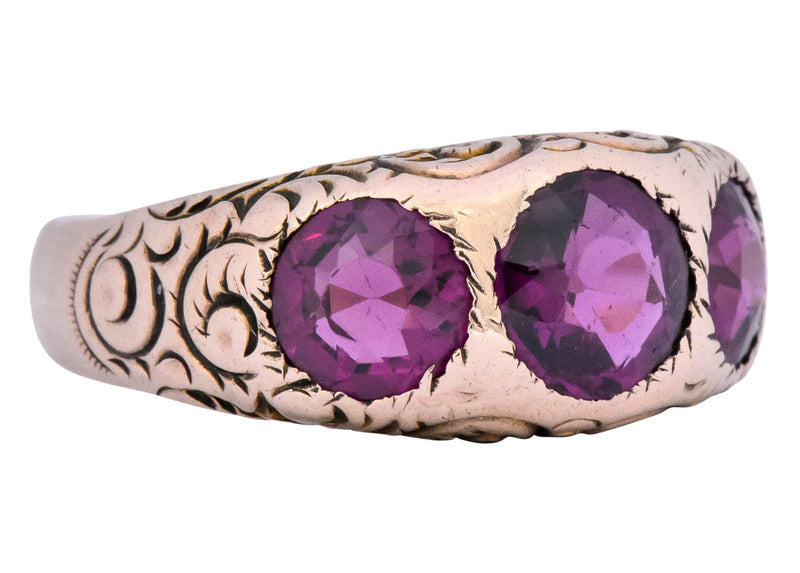 Victorian 3.10 CTW Almandine Garnet 10 Karat Rose Gold Three Stone Band Ring - Wilson's Estate Jewelry