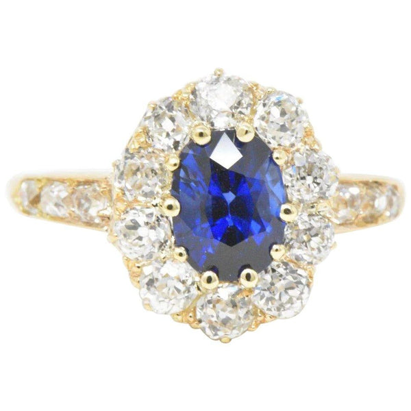 Victorian 3.16 CTW Old Mine Diamond & Sapphire Cluster 14K Gold Alternative Engagement Ring Wilson's Estate Jewelry