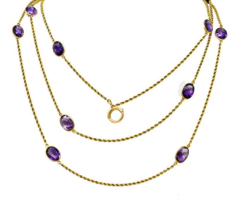 Victorian 50.00 CTW Amethyst 14 Karat Gold 64 Inch Station Necklace - Wilson's Estate Jewelry