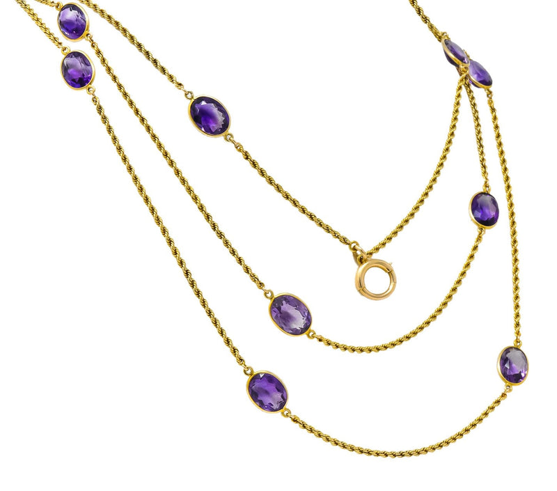 Victorian 50.00 CTW Amethyst 14 Karat Gold 64 Inch Station Necklace - Wilson's Estate Jewelry