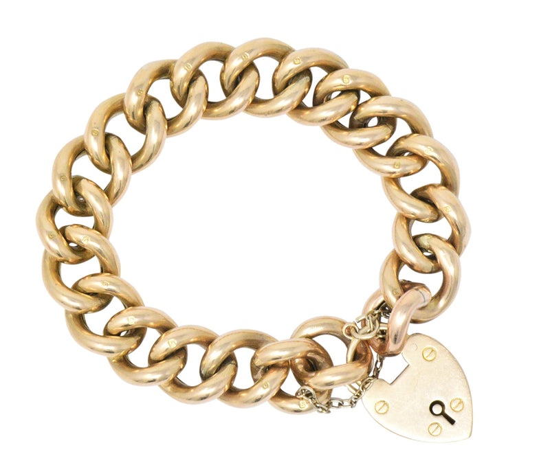 Victorian 9 Karat Rose Gold Heart Padlock Curb Link Bracelet Wilson's Estate Jewelry