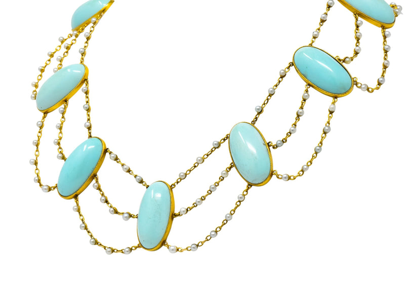 Victorian Cabochon Turquoise Pearl 14 Karat Gold Swag Necklace - Wilson's Estate Jewelry