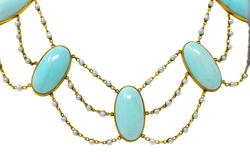 Victorian Cabochon Turquoise Pearl 14 Karat Gold Swag Necklace - Wilson's Estate Jewelry