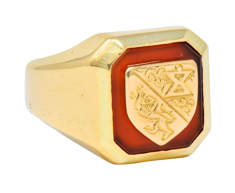 Victorian Carnelian 18 Karat Gold Signet Shield Crest Unisex Ring - Wilson's Estate Jewelry