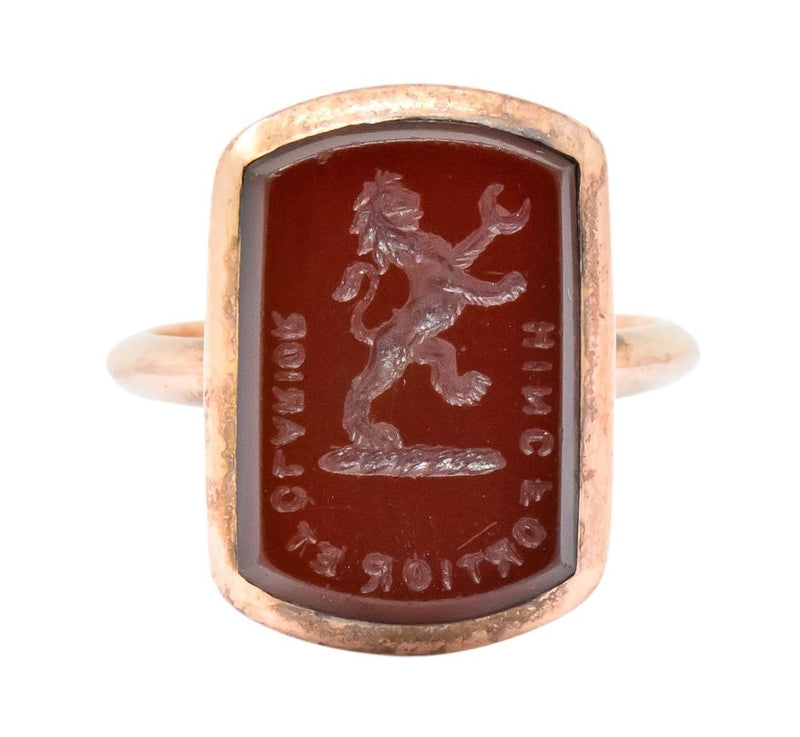 Victorian Carnelian Intaglio 14 Karat Rose Gold Martin Heraldry Ring - Wilson's Estate Jewelry