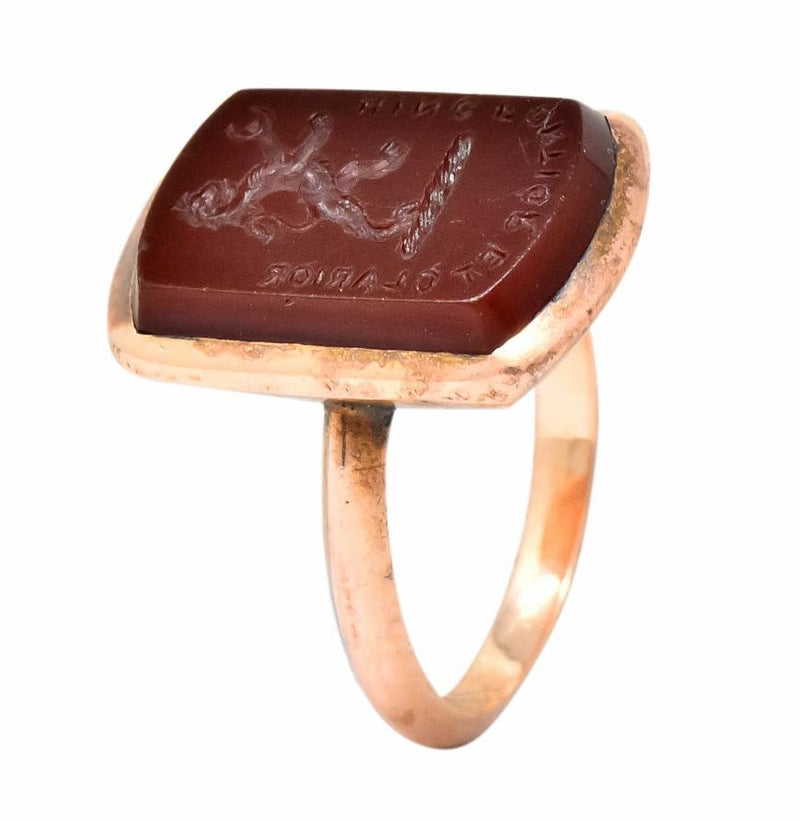 Victorian Carnelian Intaglio 14 Karat Rose Gold Martin Heraldry Ring - Wilson's Estate Jewelry