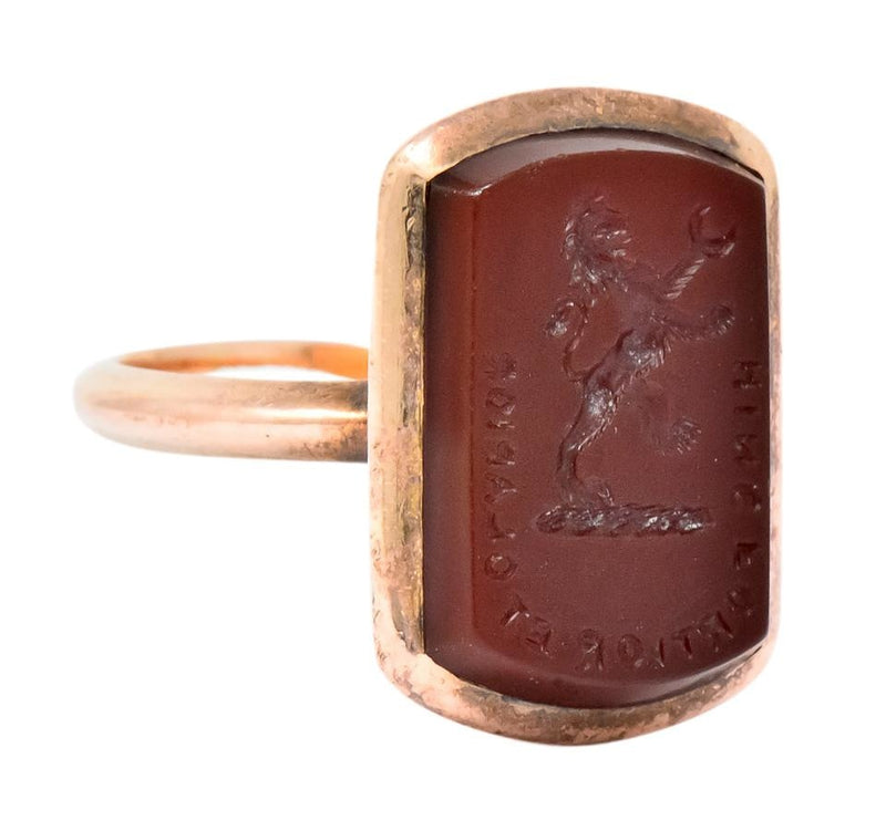 Victorian Carnelian Intaglio 14 Karat Rose Gold Martin Heraldry Ring - Wilson's Estate Jewelry