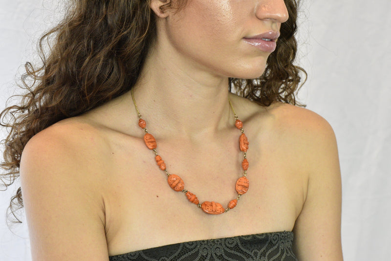 Victorian Carved Butterfly & Scarab Coral 14 Karat Gold Necklace - Wilson's Estate Jewelry
