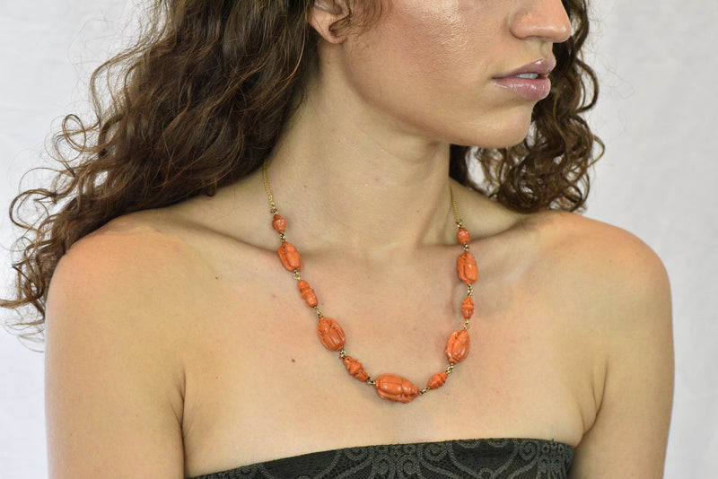 Victorian Carved Butterfly & Scarab Coral 14 Karat Gold Necklace - Wilson's Estate Jewelry