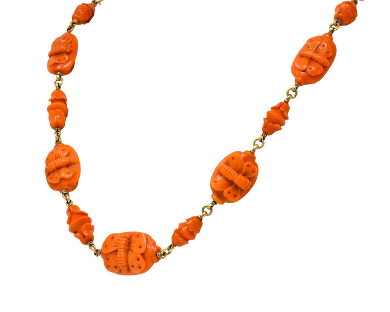 Victorian Carved Butterfly & Scarab Coral 14 Karat Gold Necklace - Wilson's Estate Jewelry