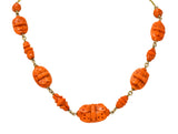 Victorian Carved Butterfly & Scarab Coral 14 Karat Gold Necklace - Wilson's Estate Jewelry