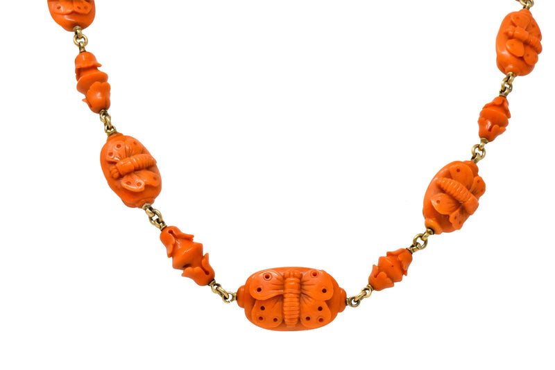 Victorian Carved Butterfly & Scarab Coral 14 Karat Gold Necklace - Wilson's Estate Jewelry