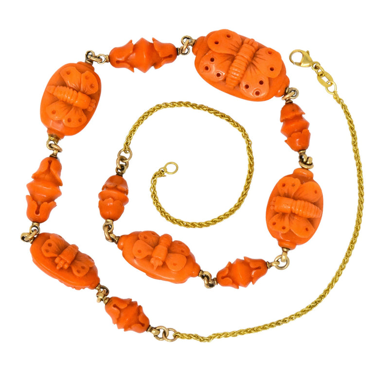 Victorian Carved Butterfly & Scarab Coral 14 Karat Gold Necklace - Wilson's Estate Jewelry