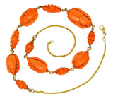 Victorian Carved Butterfly & Scarab Coral 14 Karat Gold Necklace - Wilson's Estate Jewelry