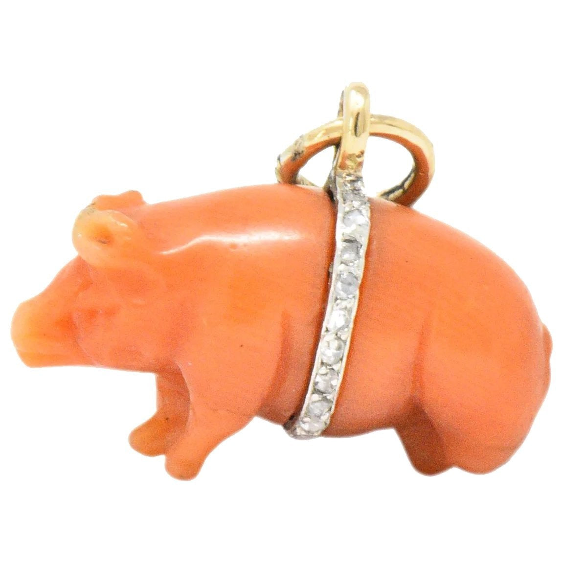 Victorian Coral Diamond 18 Karat Gold Pig Charm Wilson's Estate Jewelry