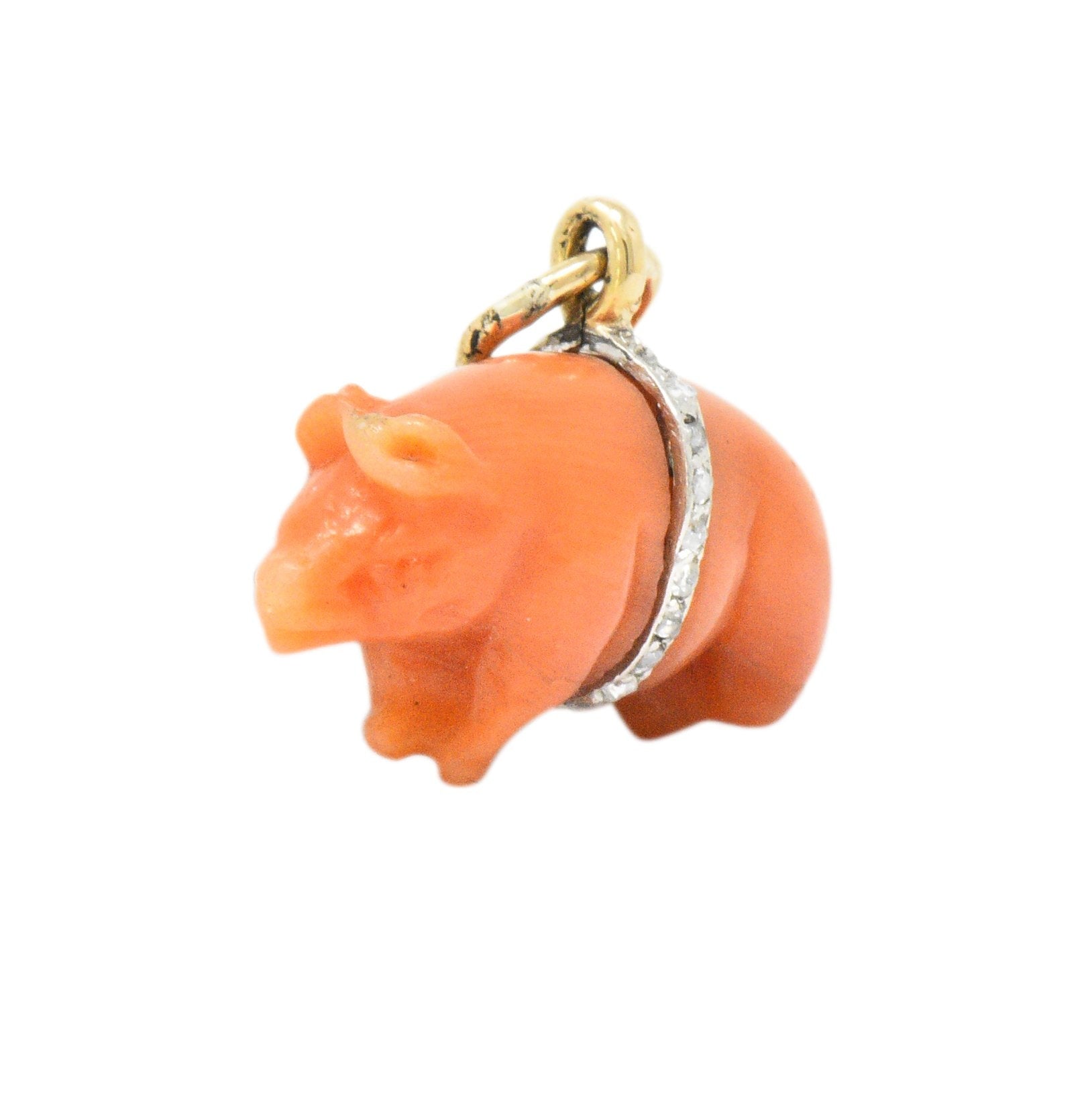 Victorian Coral Diamond 18 Karat Gold Pig Charm Wilson's Estate Jewelry