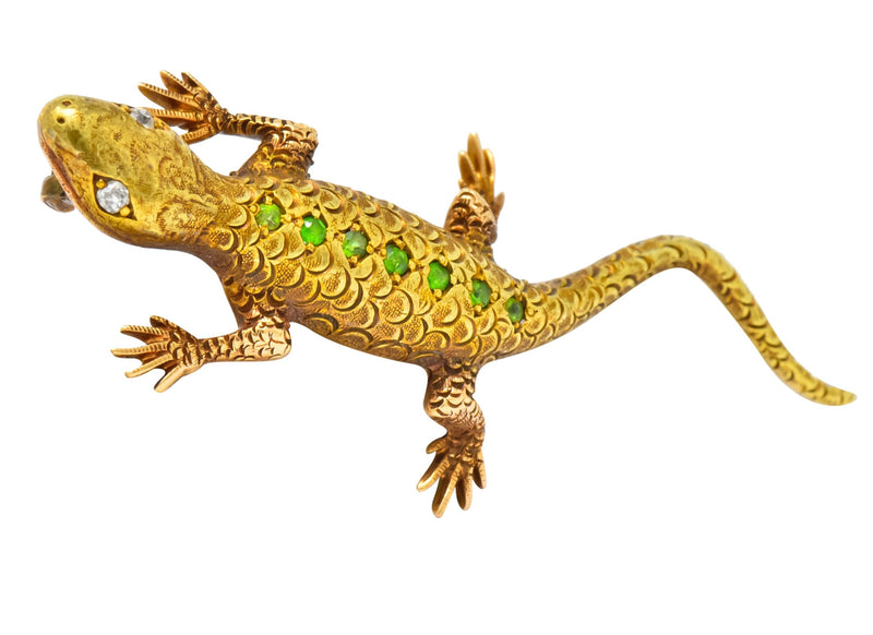 Victorian Demantoid Garnet Diamond 14 Karat Gold Lizard Brooch - Wilson's Estate Jewelry