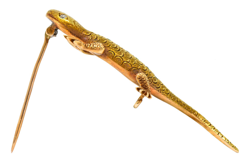 Victorian Demantoid Garnet Diamond 14 Karat Gold Lizard Brooch - Wilson's Estate Jewelry