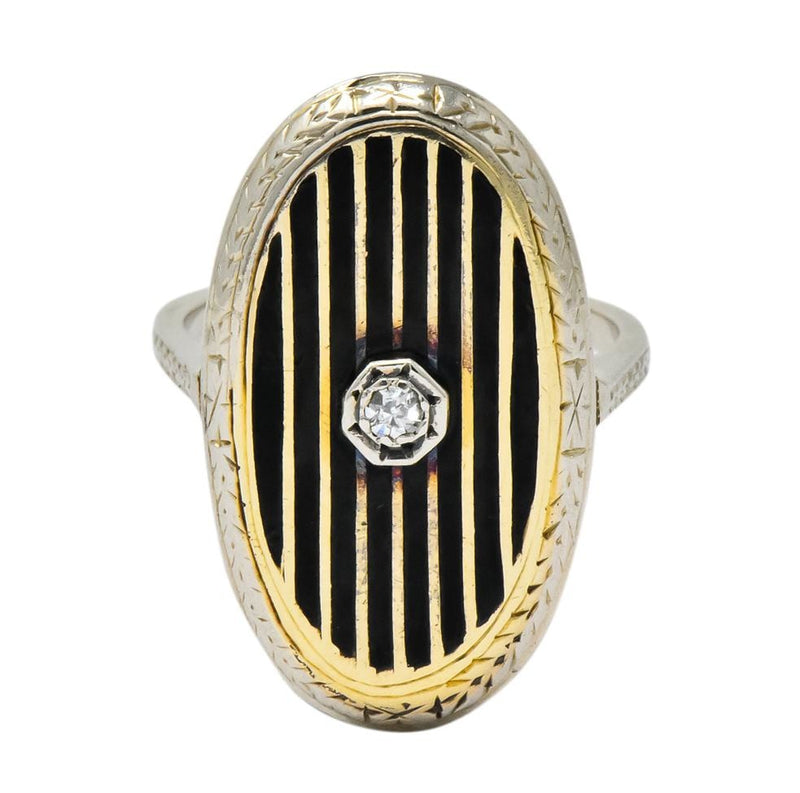Victorian Diamond 14 Karat White Gold Enamel Striped Mourning Ring - Wilson's Estate Jewelry