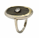 Victorian Diamond 14 Karat White Gold Enamel Striped Mourning Ring - Wilson's Estate Jewelry
