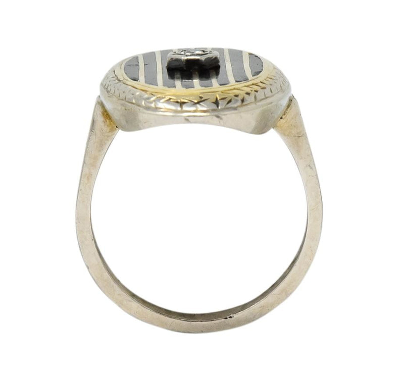 Victorian Diamond 14 Karat White Gold Enamel Striped Mourning Ring - Wilson's Estate Jewelry