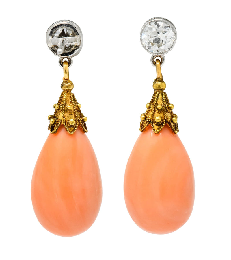 Victorian Diamond Coral Platinum 14 Karat Gold Drop Earrings - Wilson's Estate Jewelry