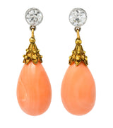 Victorian Diamond Coral Platinum 14 Karat Gold Drop Earrings - Wilson's Estate Jewelry