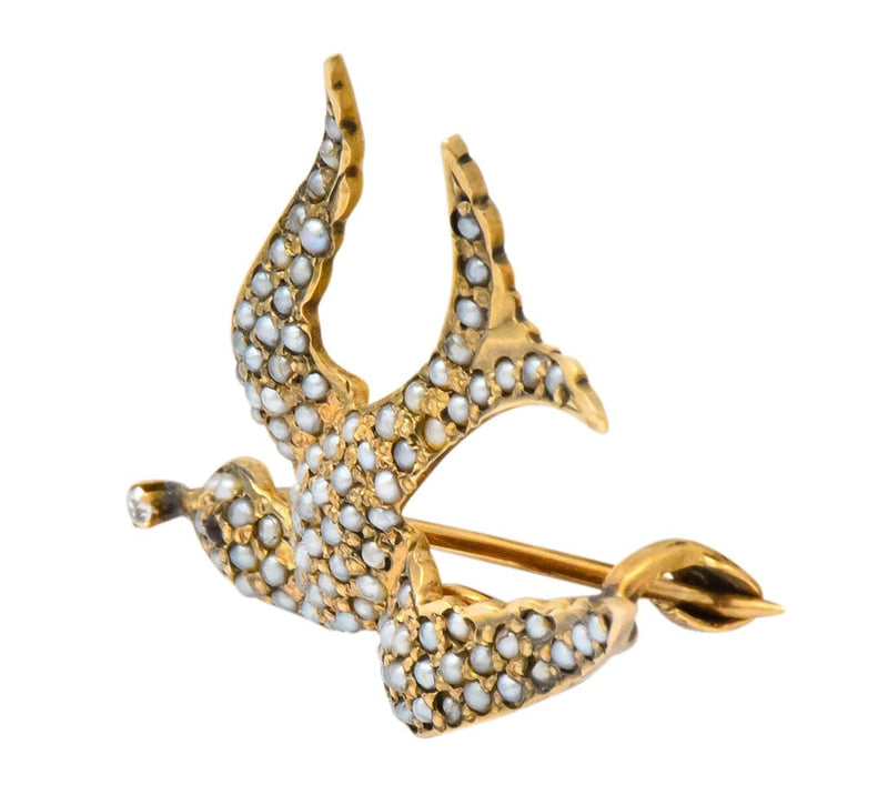 Victorian Diamond Garnet Seed Pearl Swallow Bird 14 Karat Gold Brooch - Wilson's Estate Jewelry