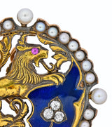 Victorian Diamond Pearl Ruby Enamel Stylized Lion Pendant Pin - Wilson's Estate Jewelry