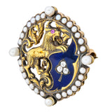 Victorian Diamond Pearl Ruby Enamel Stylized Lion Pendant Pin - Wilson's Estate Jewelry