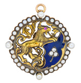Victorian Diamond Pearl Ruby Enamel Stylized Lion Pendant Pin - Wilson's Estate Jewelry