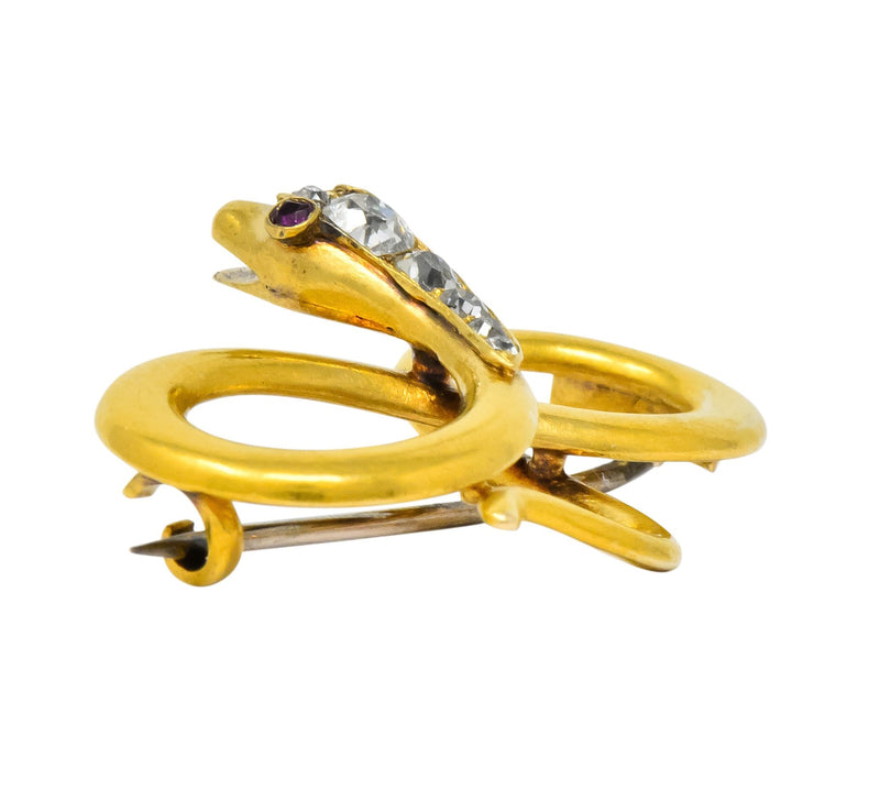 Victorian Diamond Ruby 18 Karat Gold Infinity Snake Brooch Circa 1900 - Wilson's Estate Jewelry