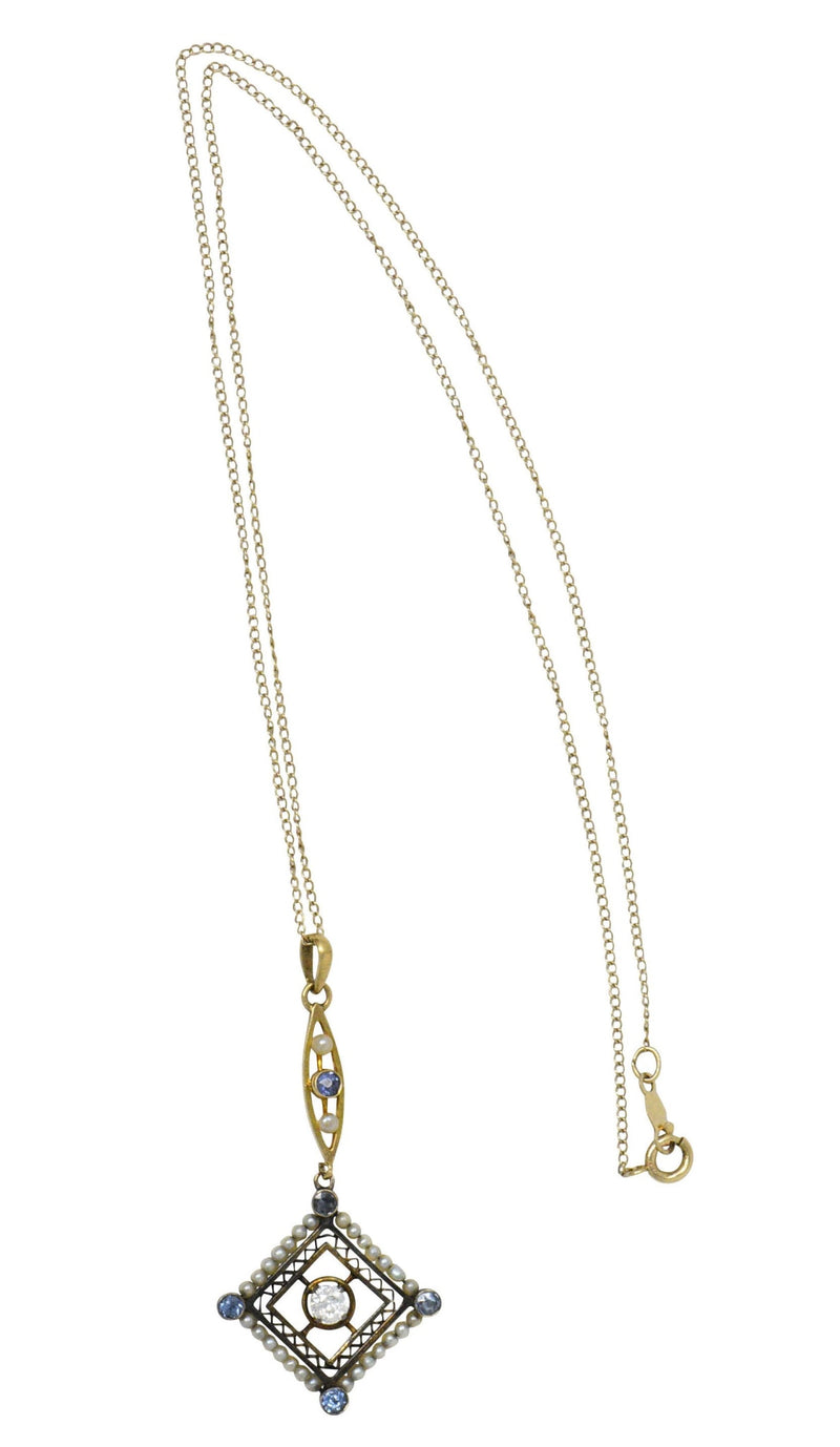 Victorian Diamond Sapphire Seed Pearl 14 Karat Gold Pendant Necklace Wilson's Estate Jewelry
