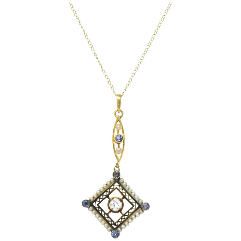 Victorian Diamond Sapphire Seed Pearl 14 Karat Gold Pendant Necklace Wilson's Estate Jewelry