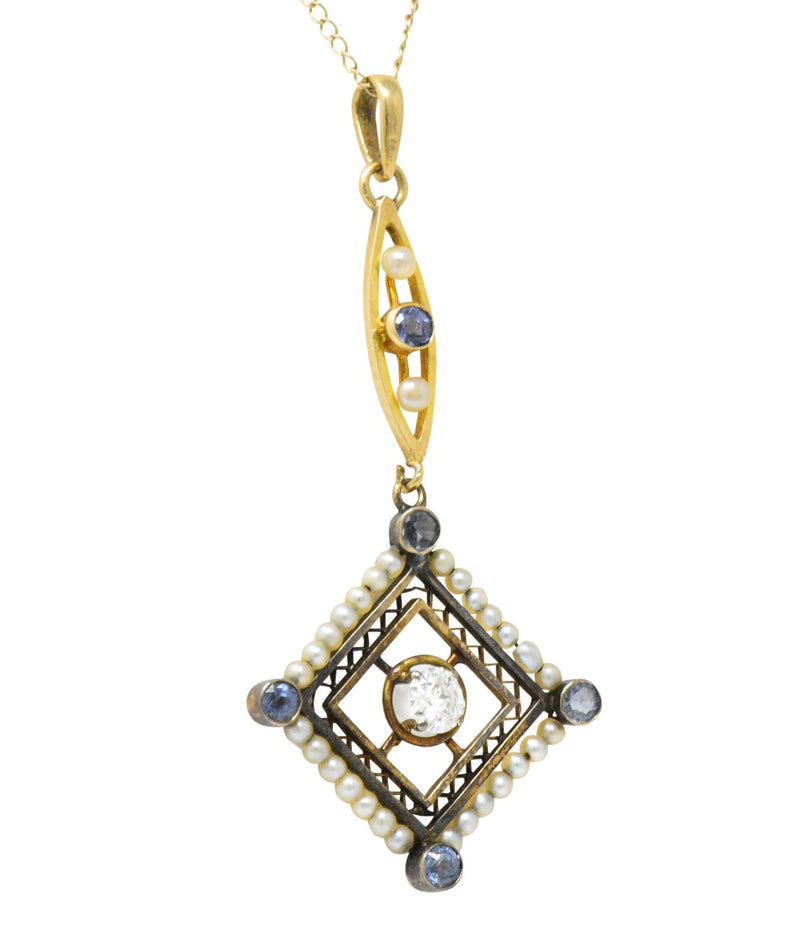 Victorian Diamond Sapphire Seed Pearl 14 Karat Gold Pendant Necklace Wilson's Estate Jewelry