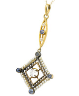 Victorian Diamond Sapphire Seed Pearl 14 Karat Gold Pendant Necklace Wilson's Estate Jewelry