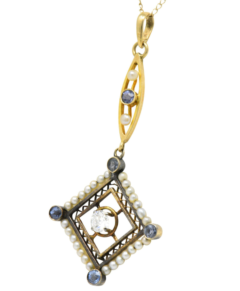 Victorian Diamond Sapphire Seed Pearl 14 Karat Gold Pendant Necklace Wilson's Estate Jewelry