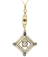 Victorian Diamond Sapphire Seed Pearl 14 Karat Gold Pendant Necklace Wilson's Estate Jewelry