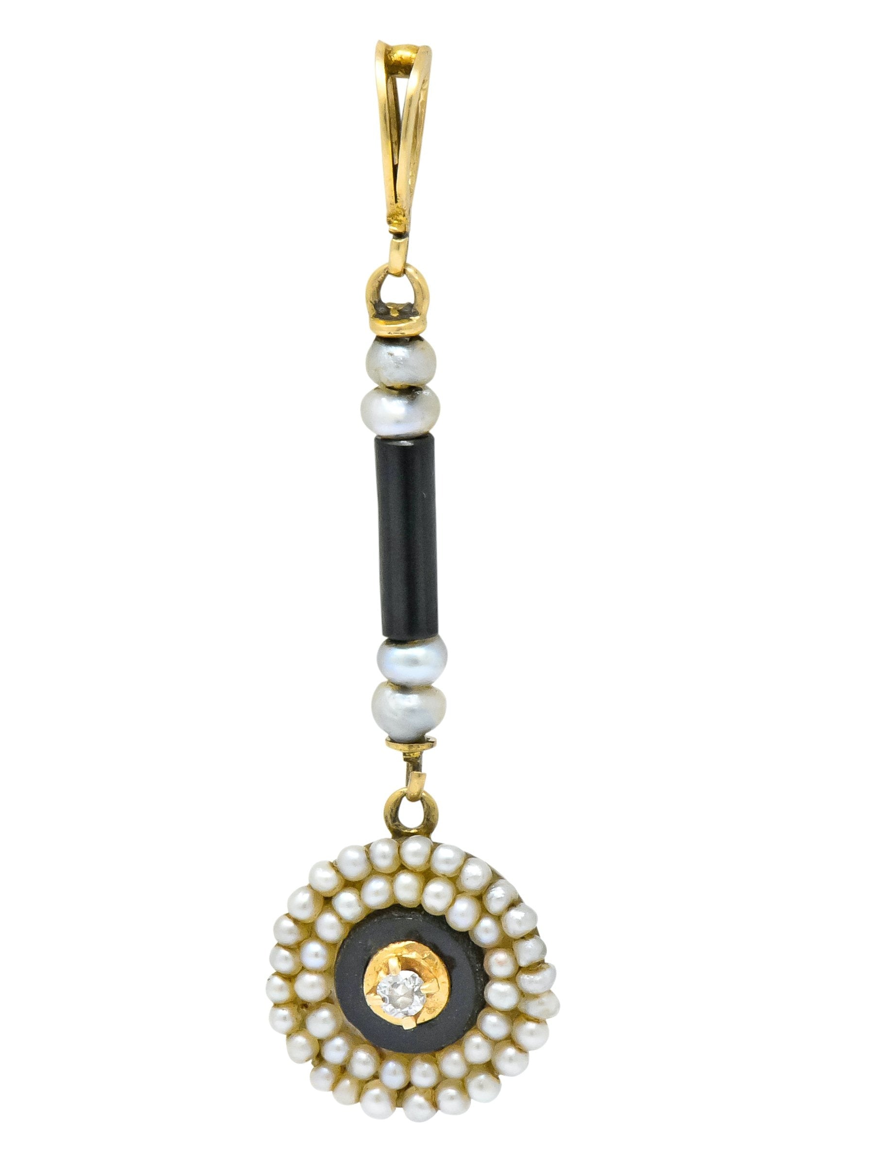 Victorian Diamond Seed Pearl Onyx 14 Karat Gold Drop Pendant Wilson's Estate Jewelry