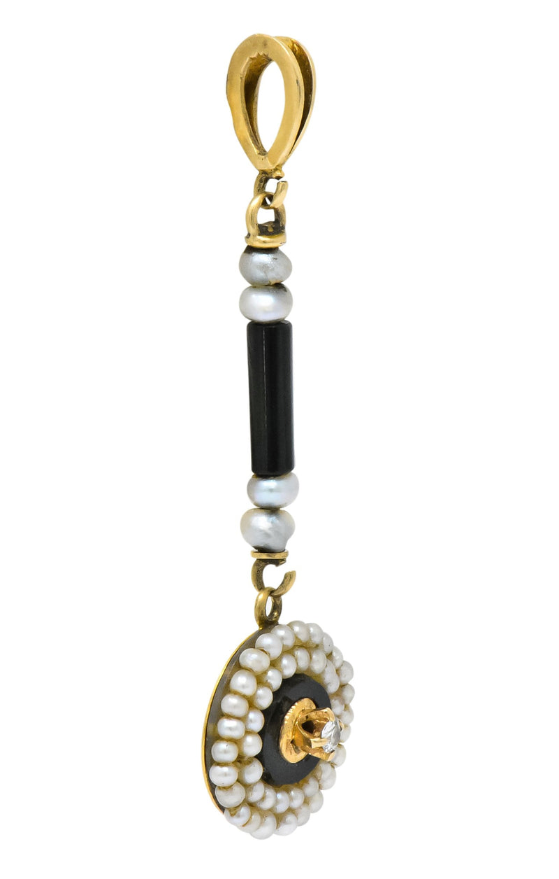 Victorian Diamond Seed Pearl Onyx 14 Karat Gold Drop Pendant Wilson's Estate Jewelry