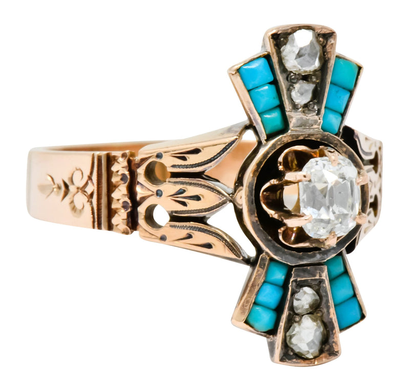 Victorian Diamond Turquoise 14 Karat Rose Gold Statement Ring - Wilson's Estate Jewelry