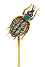 Victorian Emerald Enamel Diamond Ruby 14 Karat Gold Weevil Beetle Insect Stickpin - Wilson's Estate Jewelry