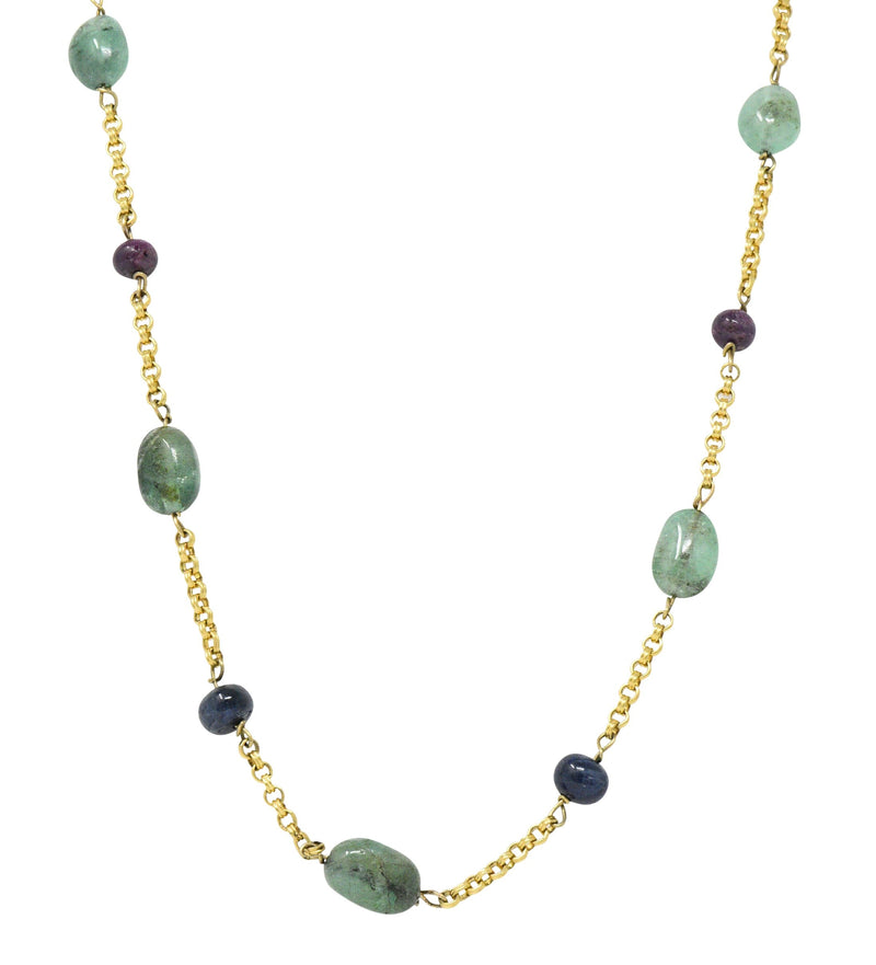 Victorian Emerald Sapphire Ruby 14 Karat Gold 27 Inch Station Necklace Wilson's Estate Jewelry