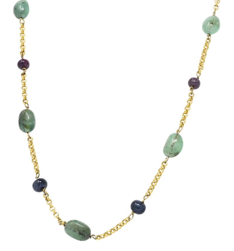 Victorian Emerald Sapphire Ruby 14 Karat Gold 27 Inch Station Necklace Wilson's Estate Jewelry